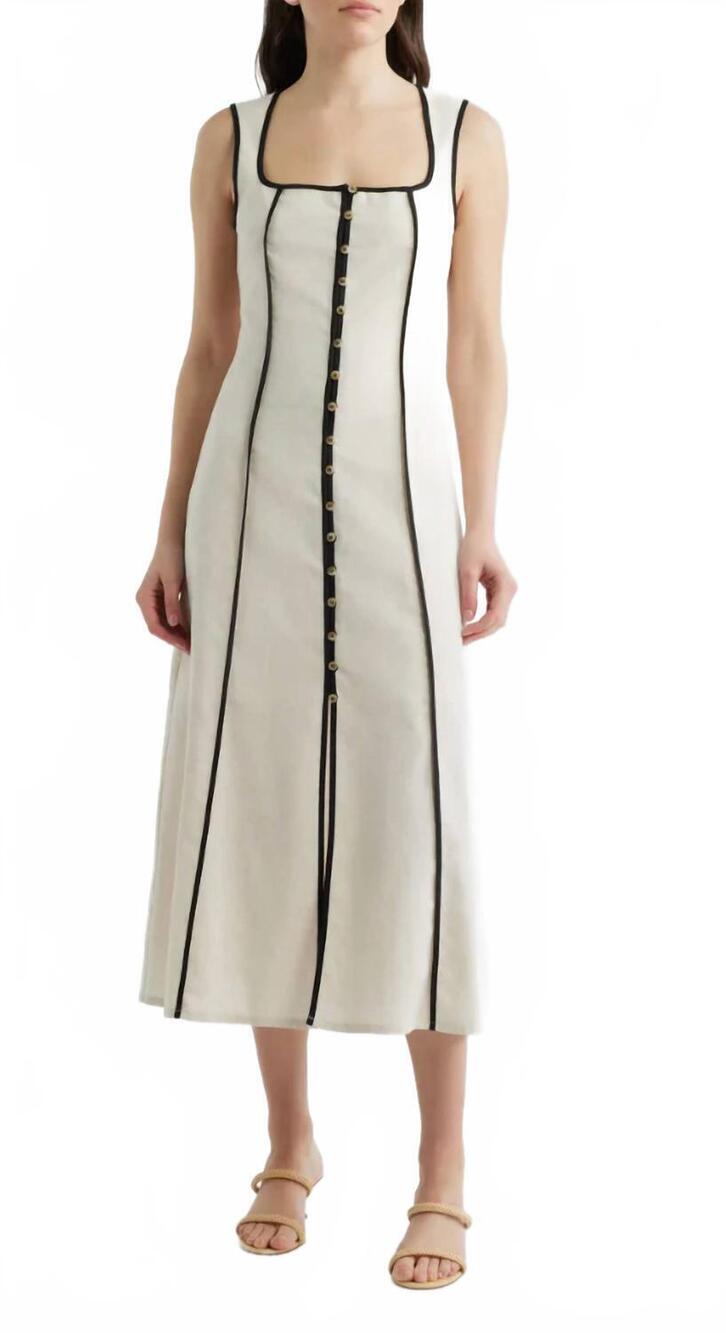 NEW ZOE AND CLAIRE contrast piping square neck button up midi dress in natural